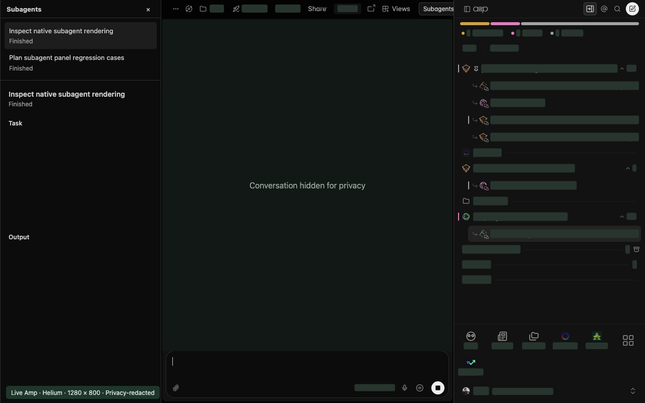 Privacy-redacted live Amp capture of the earlier v1.1 layout, with two finished subagents in a left-side panel and navigation on the right.