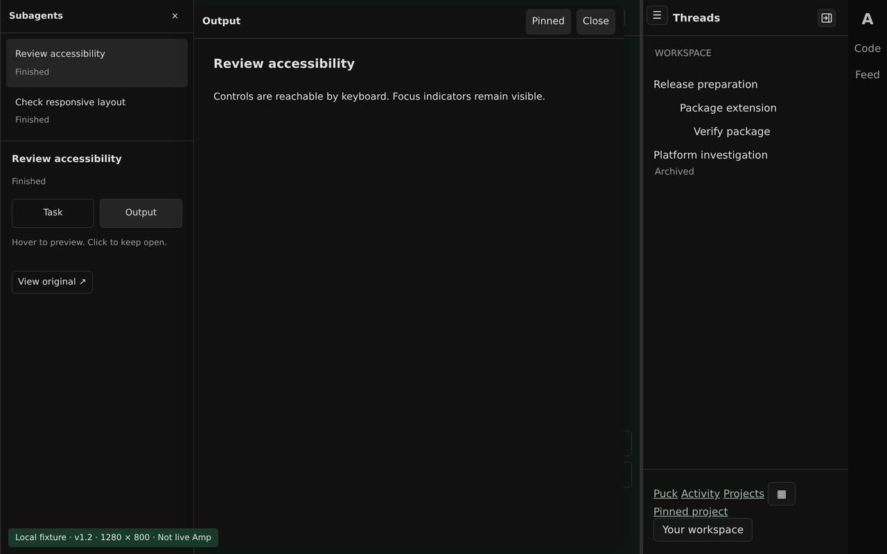 Dark-themed local test fixture of version 1.2 with a compact subagent list, an open Output reading sheet, and right-side navigation.